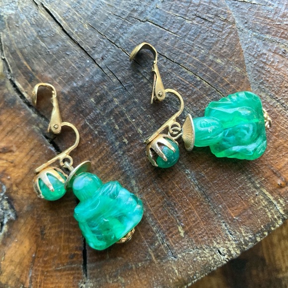 Vintage Hong Kong Signed Buddha Earrings Clip-On Dangles - Picture 7 of 10